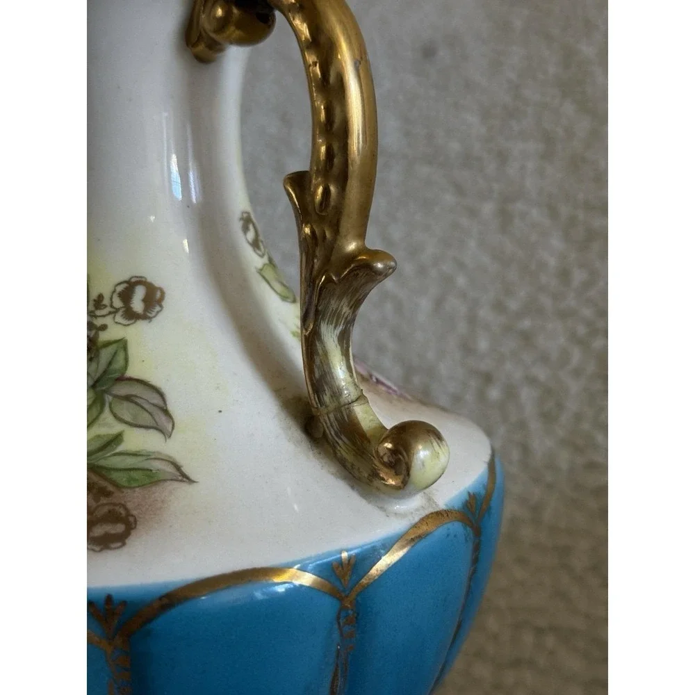 Vtg French Sevres Style Porcelain Urn Lamp Blue Floral Gold Signed Antique Decor